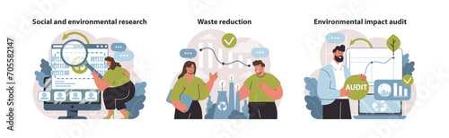 Research and reduction set. Probing social-environmental issues, championing waste minimization, scrutinizing ecological impacts. Seeking actionable insights for a greener tomorrow. Flat vector.
