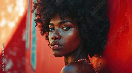 Captivating portrait of an African woman against red backdrop. Generative AI image photo
