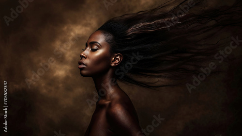 Fine art portrait of African woman with flowing hair. Generative AI image photo