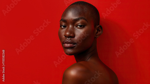 Serene African woman portrait on red background. Generative AI image photo