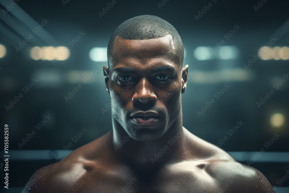 Generative AI image of a determined African American male boxer staring intently at the camera, with a serious expression and a gym background Generative AI image of a determined African American male boxer staring intently at the camera, with a serious expression and a gym background