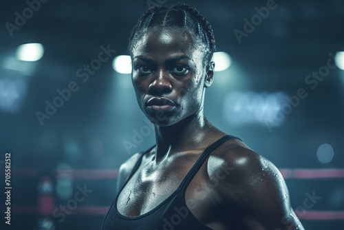 Generative AI image of a confident African American female boxer with braids and sweat all over her standing in a gym