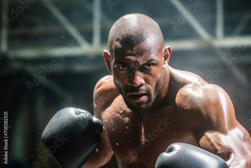Generative AI image of an African American male boxer in action, throwing a punch with determination and concentration during a boxing match photo