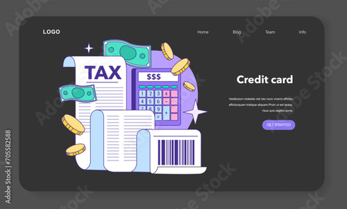 Credit card web banner or landing page night or dark mode. Bank-offered financing of purchases. Individual and business credit card. Credit arrangements and rating. Flat vector illustration