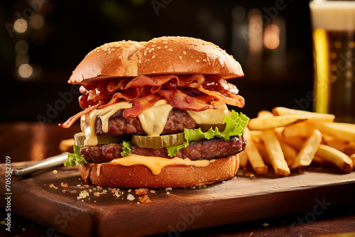 Juicy Bacon Cheeseburger with Fries and Beer Generative AI image photo