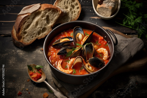 Rustic seafood soup with fresh bread on dark background Generative AI image photo
