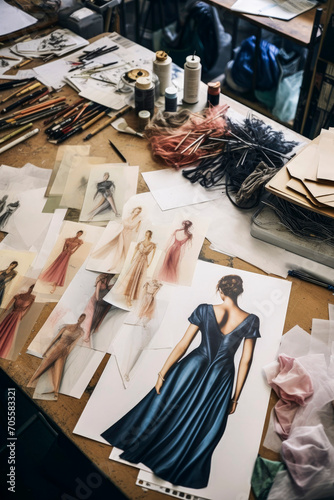 Fashion designer's workspace with sketches and fabrics Generative AI image photo