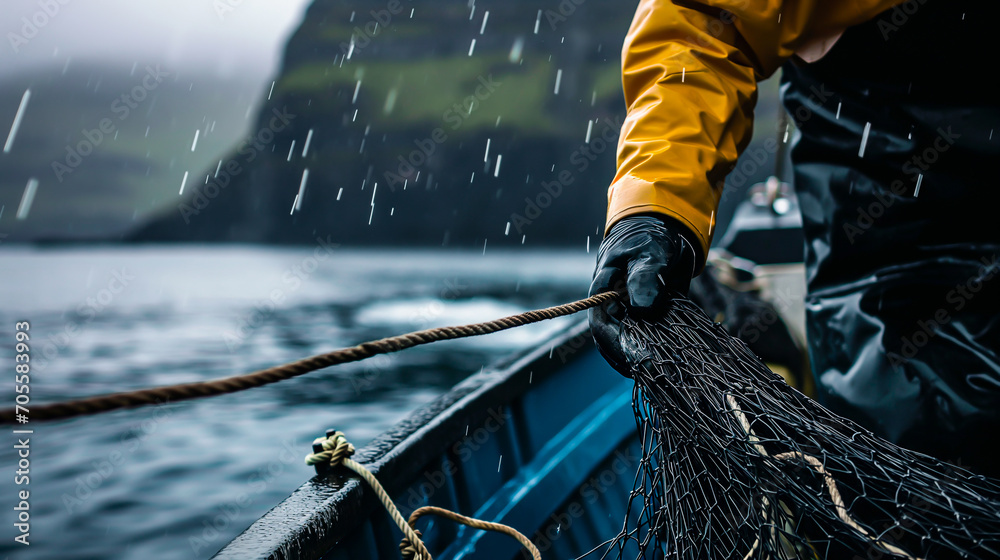 Close up of a Fisherman in rough weather handling nets on his boat. Concept of industrial fishing. Shallow field of view.
 - obrazy, fototapety, plakaty 
