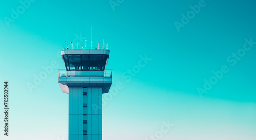 Air traffic control tower at an airport, isolated on a clear blue sky.  photo