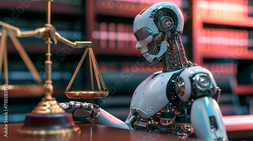 A futuristic robot and scales of justice in a courtroom. Concept of legislation on AI and machines. Shallow field of view.
 photo