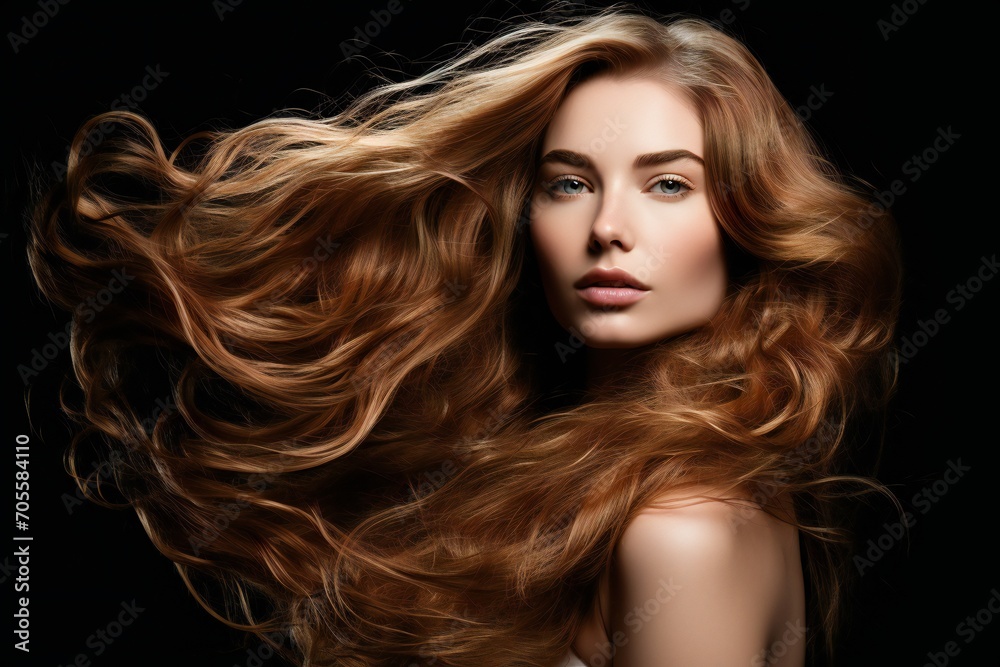 closeup of beautiful irish young female model woman shaking her beautiful hair in motion. ad for shampoo conditioner hair products. isolated on black background
