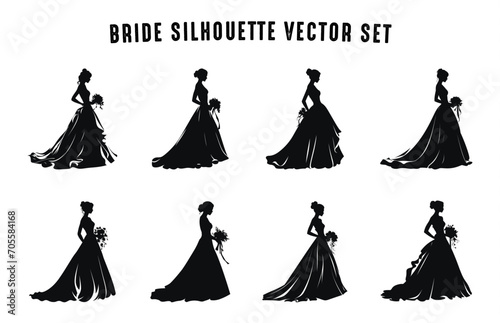 Bride with bouquet Silhouette vector art Set, Brides Clipart black and white silhouettes collection, Beautiful woman bride silhouette bundle photo
