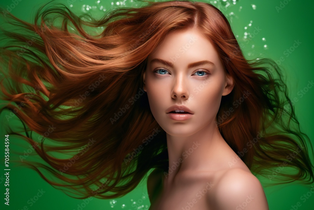 closeup of beautiful irish young female model woman shaking her beautiful hair in motion. ad for shampoo conditioner hair products. isolated on green background 