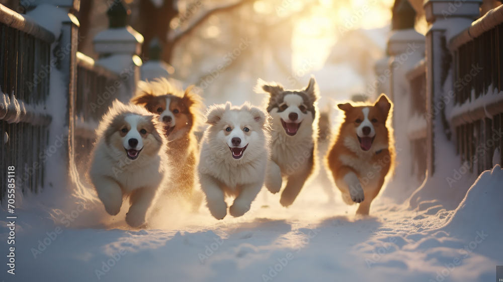 Winter running white puppies, a merry Christmas story about pets Winter running white puppies, a merry Christmas story about pets