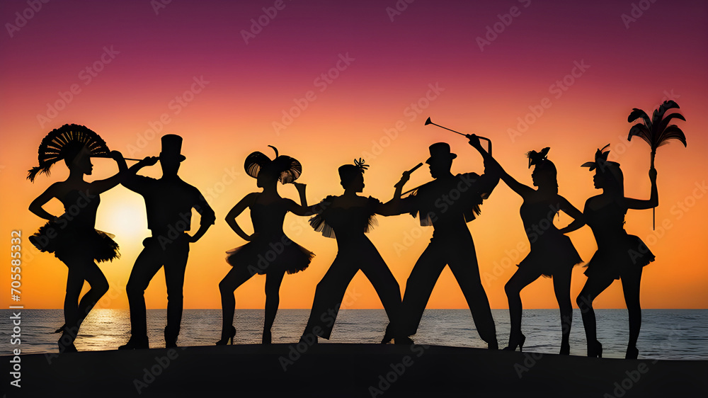 Silhouettes of performers against a sunset backdrop in carnival Silhouettes of performers against a sunset backdrop in carnival