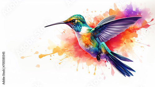 Hummingbird watercolor illustration, spots of liquid paint isolated on a white background