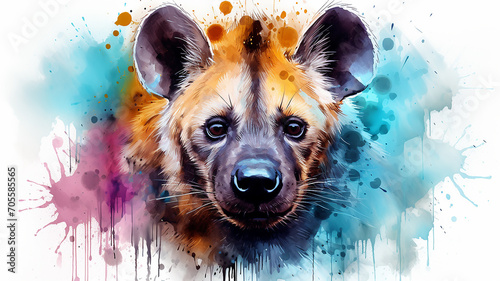 hyena portrait, head on white background, illustration of paint spots watercolor style print photo