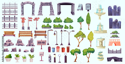 Set of park inventory element. Collection of fence, bench, tree, bush, lamp, arch gate, rock, city skyscraper, bridge. Isolated on white background. Vector illustration