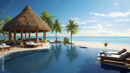 Luxury hotel with swimming pool with white fashion deckchairs on the beach., Exterior design.