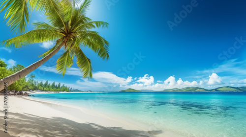Idyllic tropical beach landscape. Tourism for summer vacation landscape, holiday destination concept. Exotic island scene, relaxing view. © lelechka
