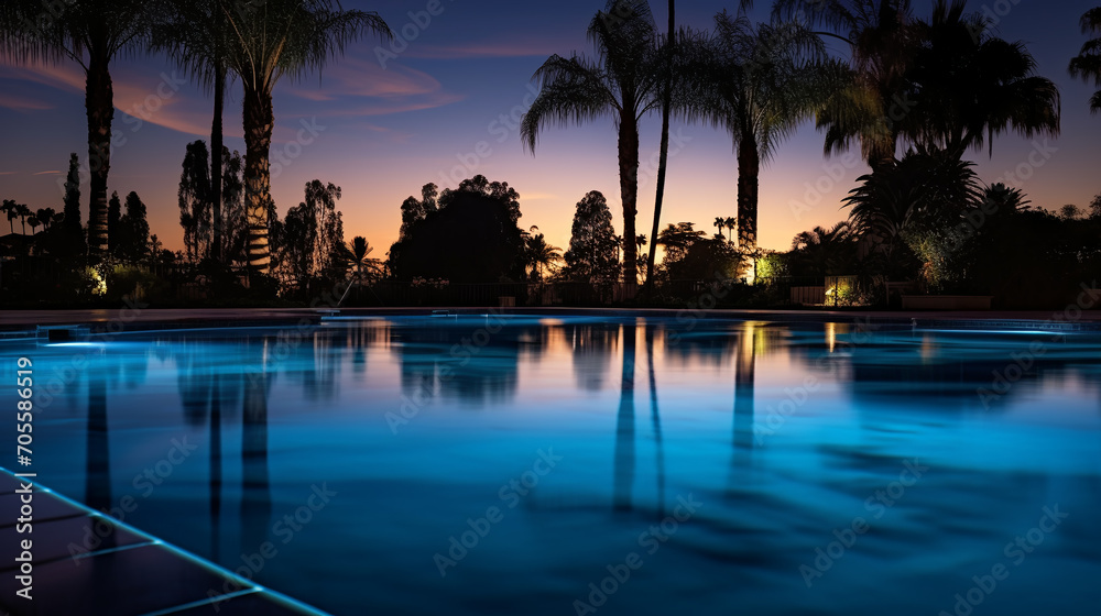 Luxury hotel with swimming pool on sunset evening. pool at the seaside