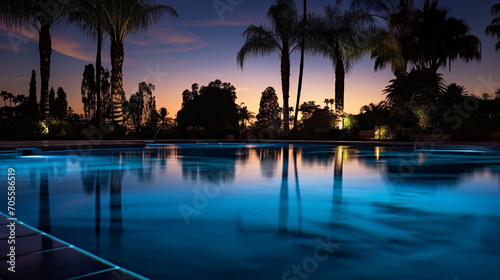 Luxury hotel with swimming pool on sunset evening. pool at the seaside