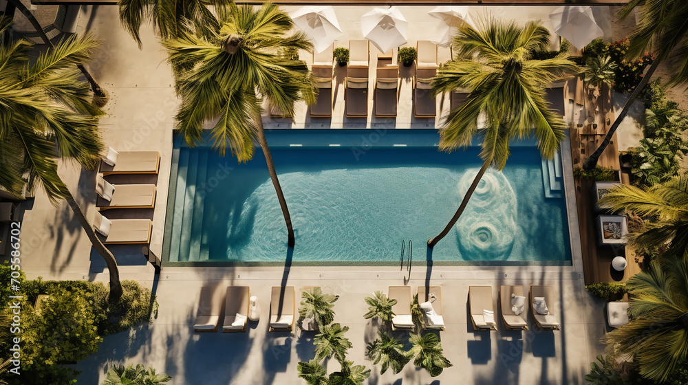 Fototapeta premium Top view Luxury hotel with swimming pool with white fashion deckchairs on the beach., Exterior design.