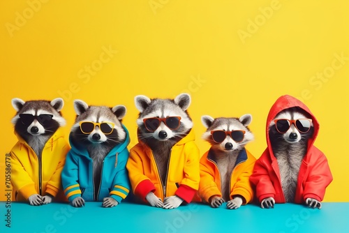 Creative animal concept. racoons in a group, vibrant bright fashionable outfits isolated on solid background advertisement, copy text space. birthday party invite invitation banner