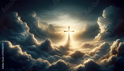 Christian cross in clouds on sky, good Friday background, religious template, Christianity banner photo