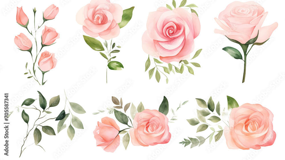 Watercolor elements pink roses on a white background Watercolor elements pink roses on a white background