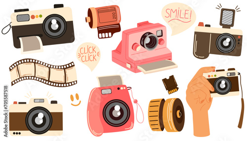 Cameras set. Devices for recording visual images. Different portable cameras, lenses, films. Hand drawn vector doodle elements