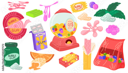 Bubble gum set. Various gum package set Chewing pads with mint, berries, orange flavours. Bubblegum candies in roll, balls, pillows, sticks. Cartoon style in vibrant colors. Isolated vector
