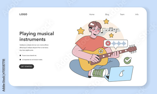 A joyful portrayal of learning music  with a character playing the guitar  symbolizing melody  harmony  and rhythm. Flat vector illustration