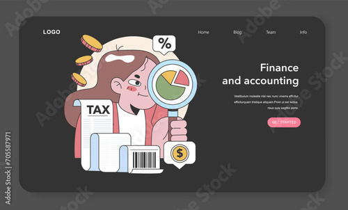 A meticulous dive into finance and accounting, showcasing tax analysis, budgeting and fiscal management. Flat vector illustration
