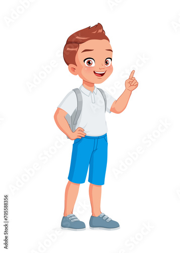 Smart little school boy index finger pointing up with idea. Cartoon vector illustration.