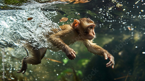 Close ups of monkeys diving in water