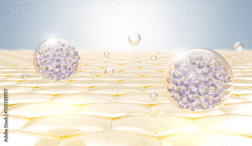 Cosmetic serum Oil drop on skin cell, Skin Repair, moisturizer, collagen serum, Exosome with Skin cells, 3d rendering. photo