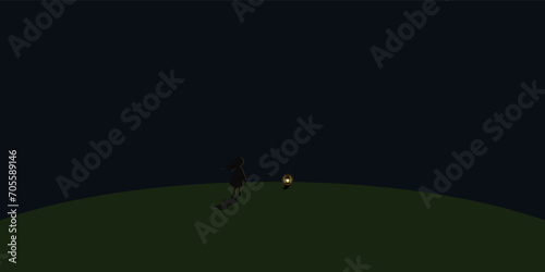 Green meadow background and a girl standing alone with a lantern at night. Vector illustration on the dark blue sky.