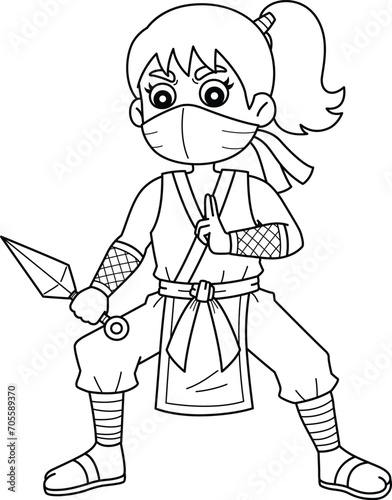 Ninja Kunoichi with Kunai Isolated Coloring Page 