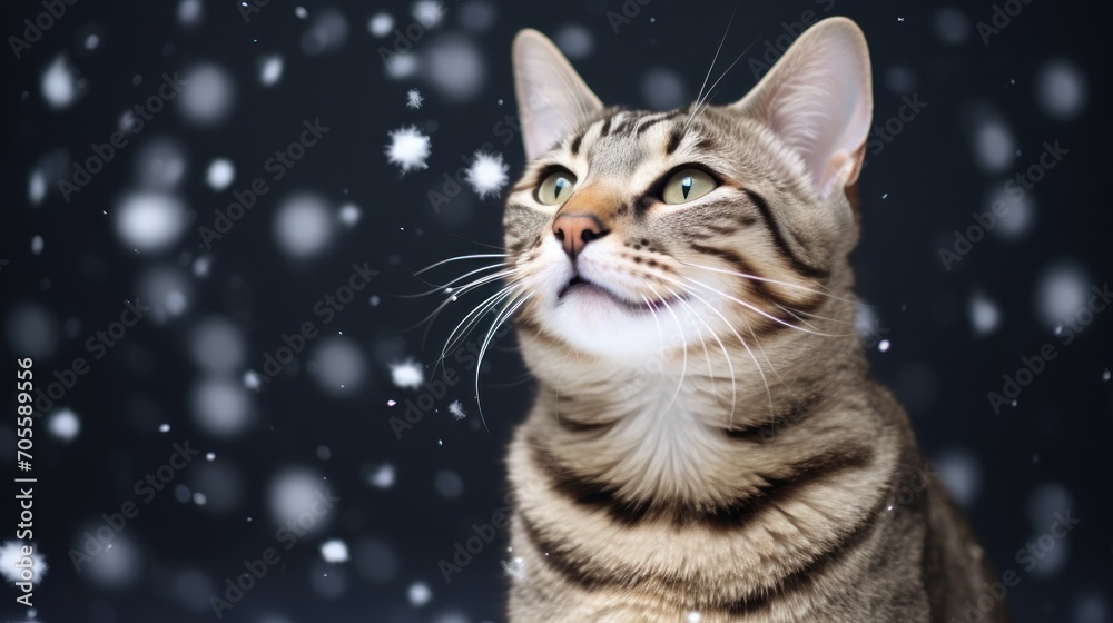 funny Savannah cat enjoying Snowflakes, copyspace funny Savannah cat enjoying Snowflakes, copyspace