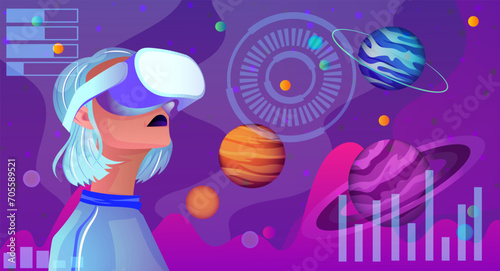 Woman in casual clothes wearing VR googles watching at virtual reality world space, digital interface, planet hologram, network technology, abstract cyberspace, futuristic science. Vector illustration