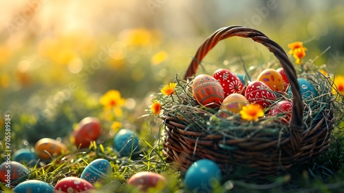 Colorful easter eggs in a basket over a flowerfield and sun rays.