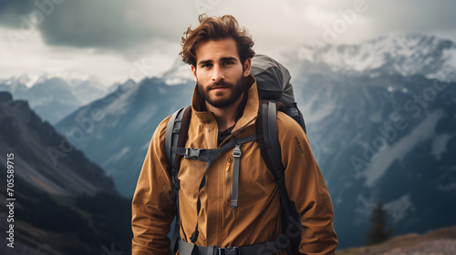 Handsome young man hiking with backpack, background of mountains