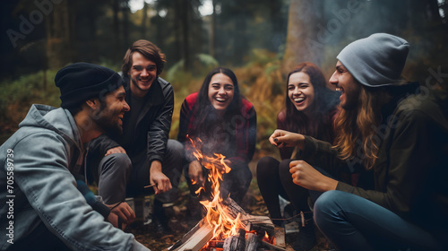 Happy group of friends laughing and bonding around a campfire, embodying friendship and fun during a wilderness camping adventure