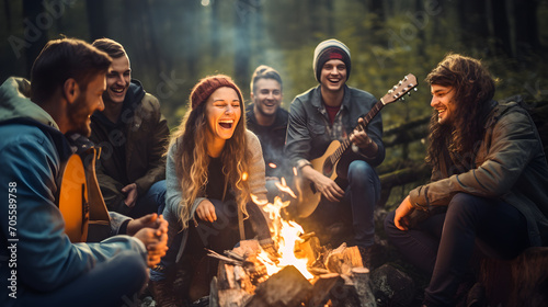 Joyous group of friends laughing and bonding around a campfire, embodying friendship and fun during a wilderness camping adventure