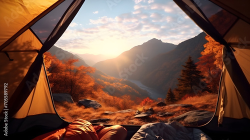 POV from a camping tent scenic view of the mountains in the autumn