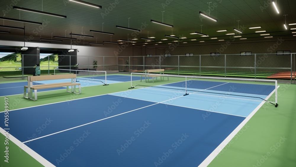 indoor pickleball court with blue and green color 3d render illustration sport complex