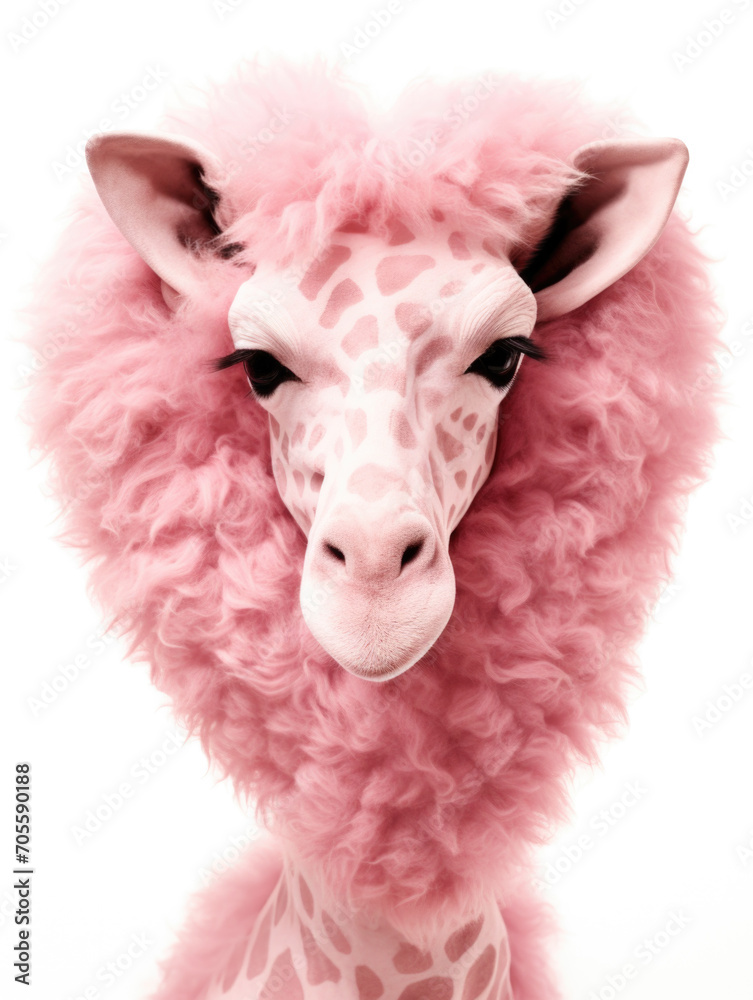 A whimsical giraffe with a pink fluffy mane and heart-shaped spots. A whimsical giraffe with a pink fluffy mane and heart-shaped spots.