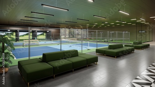 indoor pickleball court with blue and green color 3d render illustration sport complex
