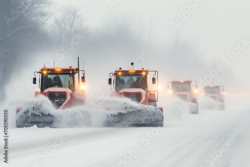 Road equipment operates in heavy snowfall on countryside highway. Utility vehicles snowplows clear road in harsh winter day. Snowstorm consequences